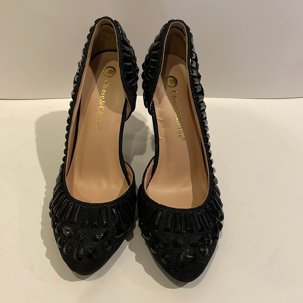 Chase and Chloe Jeweled Black Pumps - Special Occasion Fancy Night-out Heels